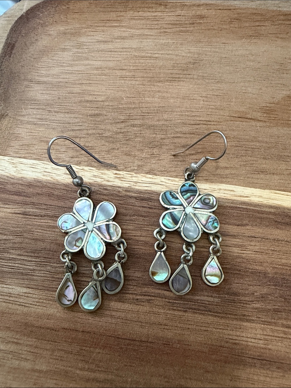 Abalone Alpaca Sterling  Shell Floral Drop Earrings - Iridescent